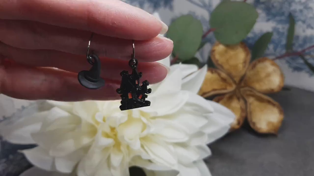 Haunted House Earrings, Hypoallergenic Ear Wires, Witches Hat, Autumn Fall Earrings, Halloween Earrings, Halloween Party, Hallows Eve