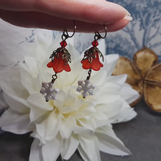 Red Christmas Flower Earrings, Choice of Ear Wires, White Snowflake Earrings, Seasonal Earrings, Festive Jewellery, PRIMERO Crystals®