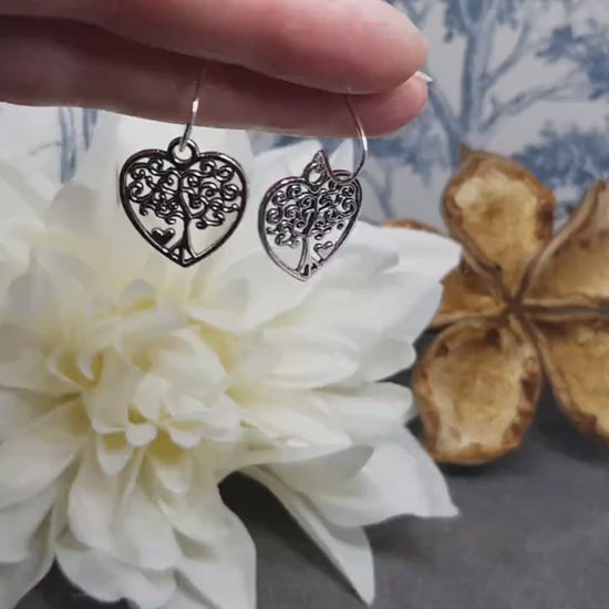 Heart Tree of Life Earrings, Hypoallergenic Ear Wires, 925 Sterling Silver Hooks, Silver Plated Hooks