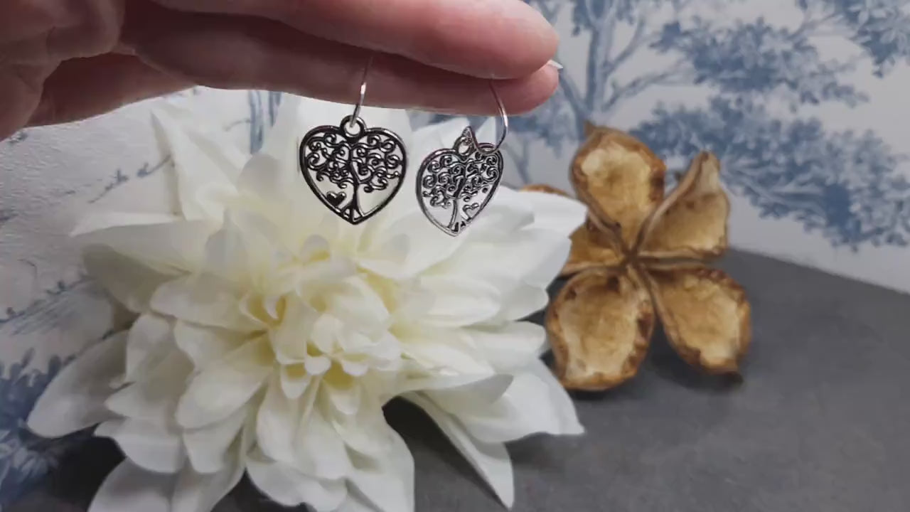 Heart Tree of Life Earrings, Hypoallergenic Ear Wires, 925 Sterling Silver Hooks, Silver Plated Hooks