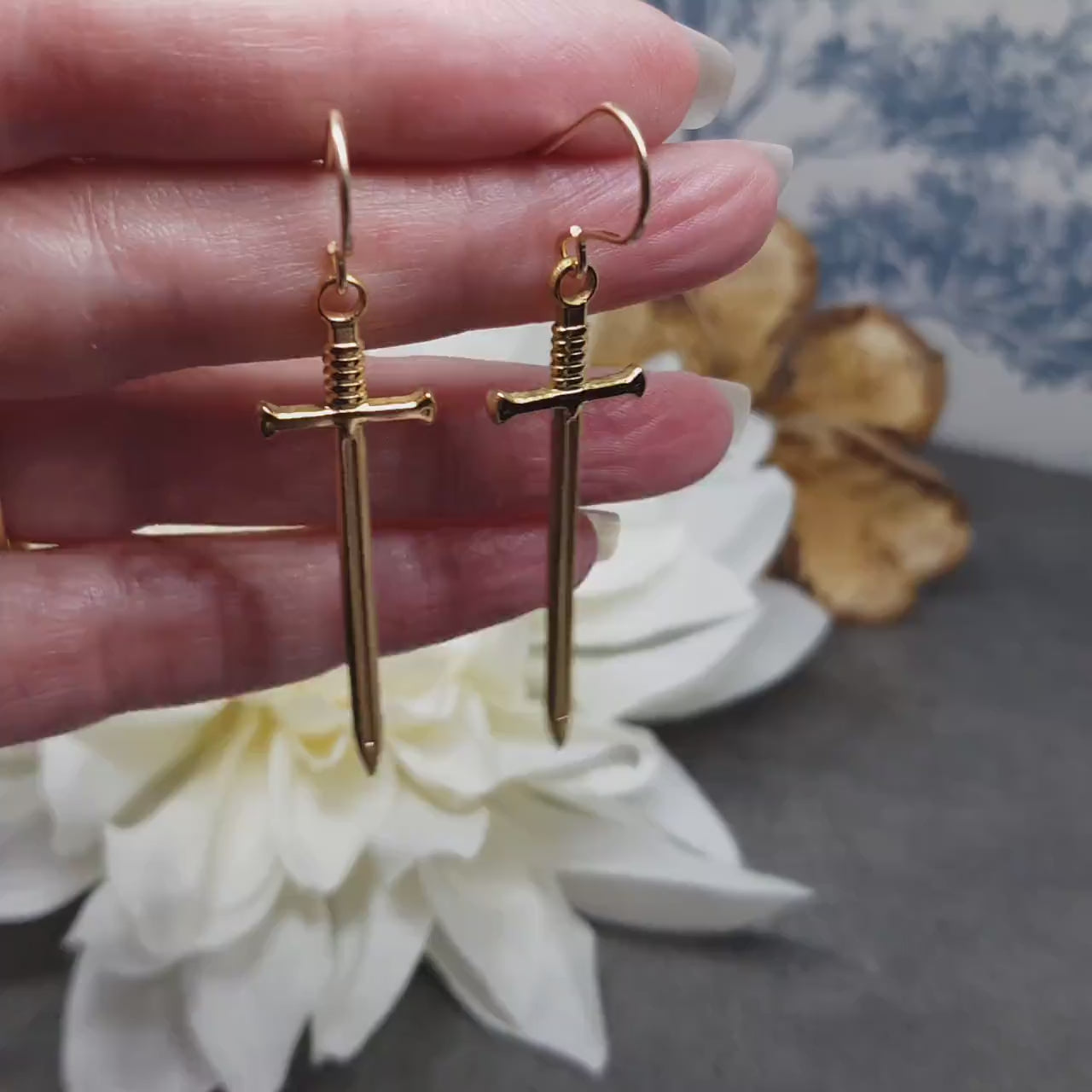Sword Earrings, Miniature Sword, Choice of Ear Wires, Real 18K Gold Plated, Stainless Steel, Cosplay Jewellery, Gothic, Come as a Pair