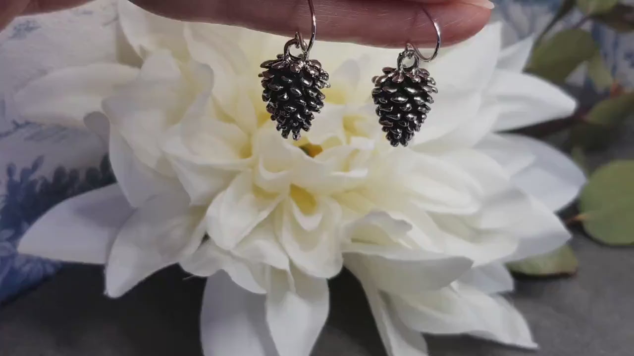 Silver Pinecone Earrings, Hypoallergenic Ear Wires, Autumn Winter Jewelry
