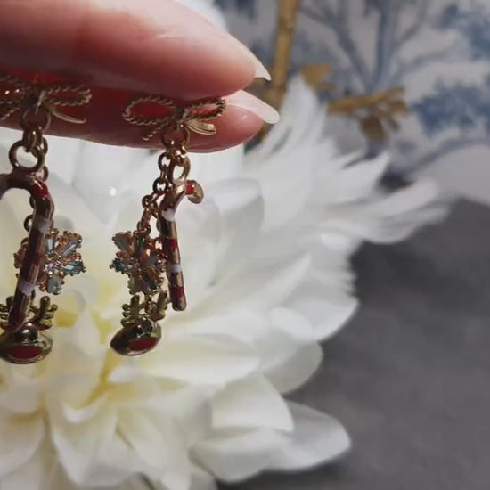 Snowflake Earrings, Rudolf Earrings, Cubic Zirconia Earrings, Christmas Earrings, Brass bow studs, Candy Cane Earrings, Festive Earrings