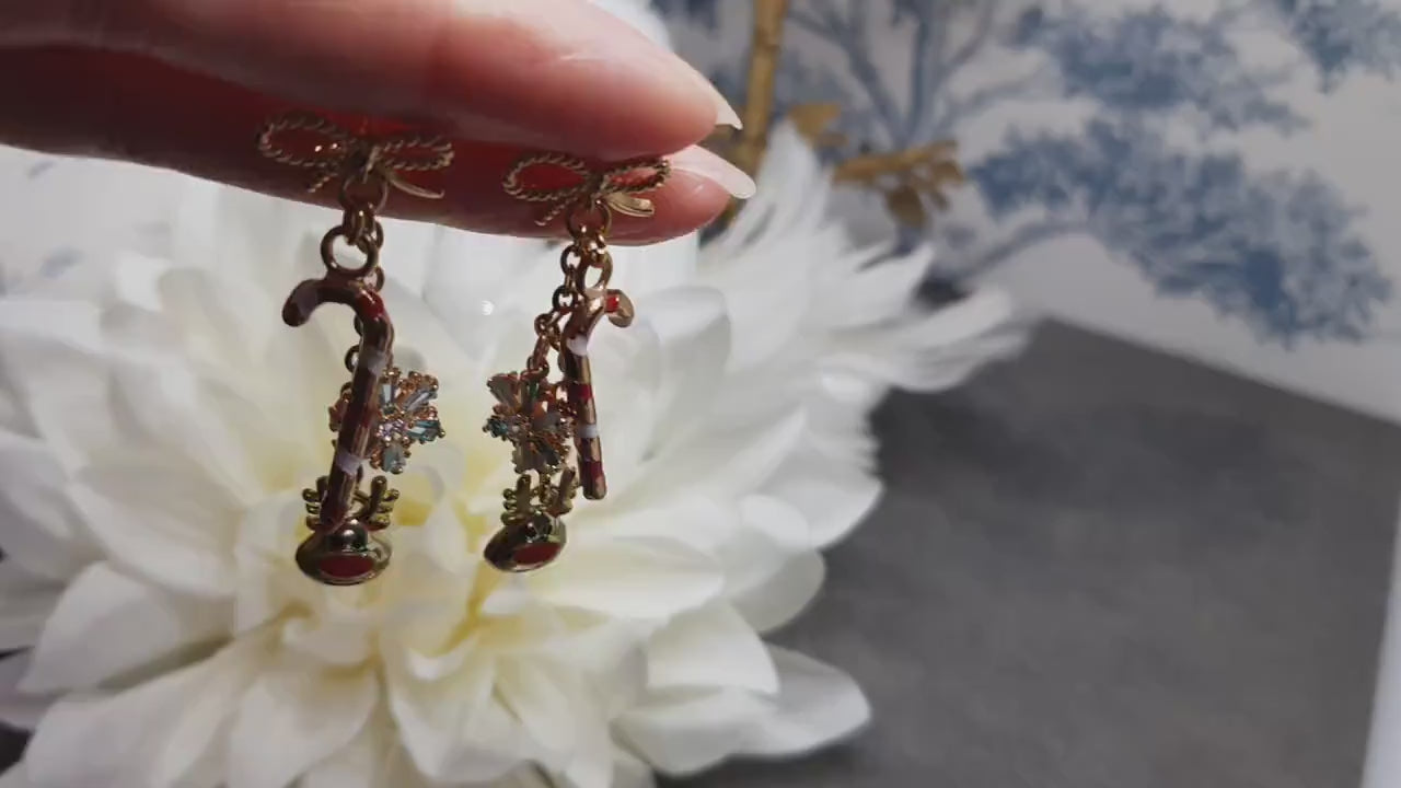 Snowflake Earrings, Rudolf Earrings, Cubic Zirconia Earrings, Christmas Earrings, Brass bow studs, Candy Cane Earrings, Festive Earrings