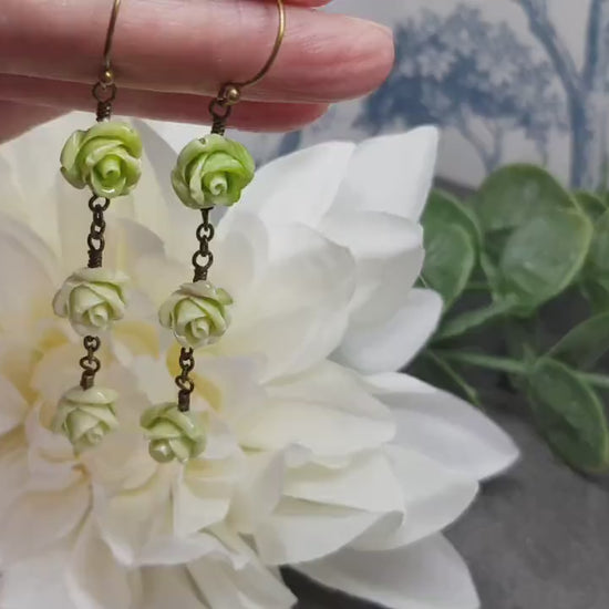 Rose Dangle Earrings, Hypoallergenic Ear Wires, Green Earrings, Rose Earrings, Vintage Style Earrings