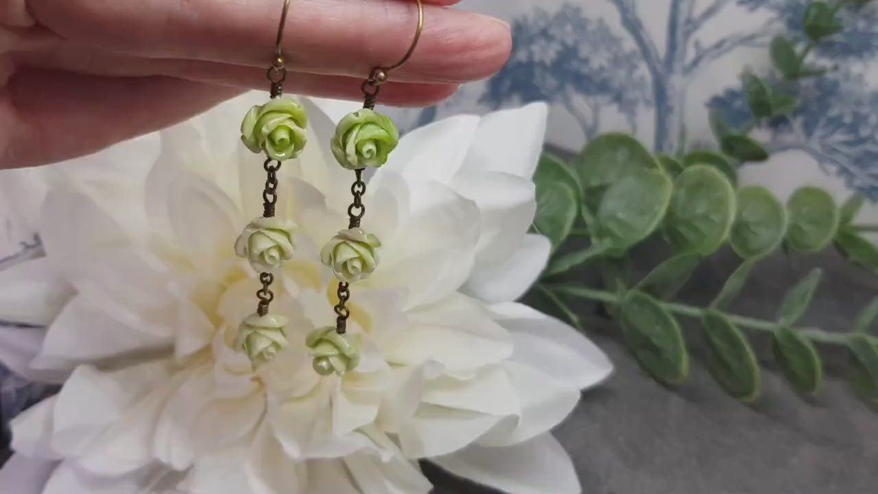 Rose Dangle Earrings, Hypoallergenic Ear Wires, Green Earrings, Rose Earrings, Vintage Style Earrings