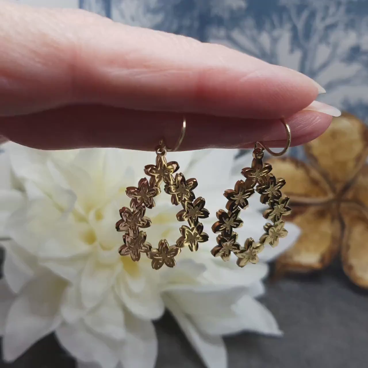 Cherry Blossom Flower Teardrop Earrings, Hypoallergenic Ear Wires, Flower Jewellery, 18K Gold Plated, Detailed and Pretty