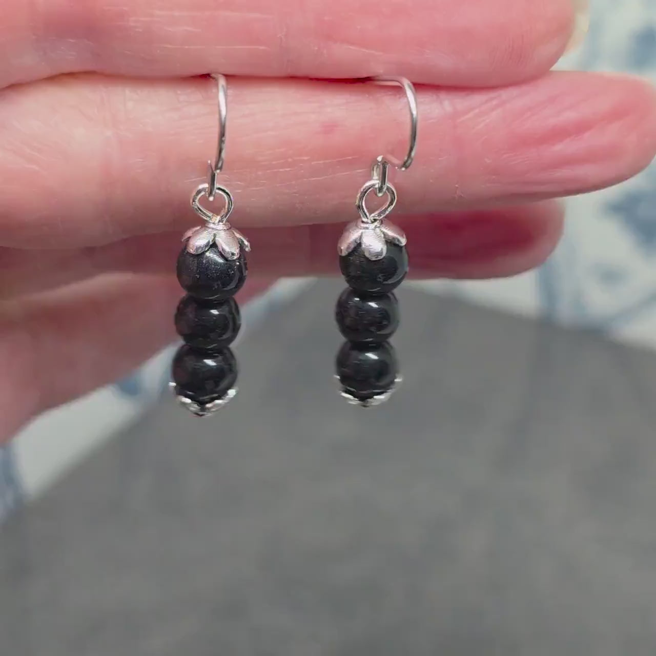 Glass Black Pearl Earrings, Sterling Silver or Hypoallergenic Ear Wires, Round Black Pearls