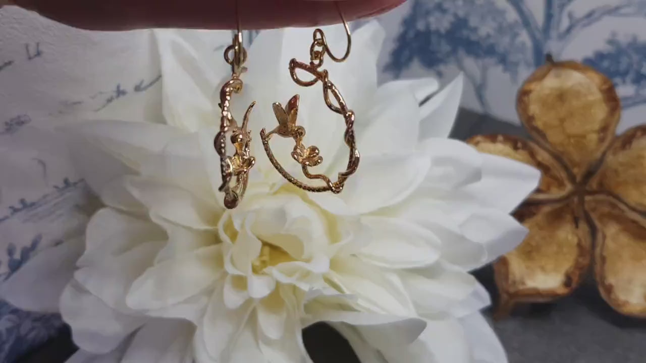 Gold Hoop Earrings, Hypoallergenic Ear Wires, Bird Earrings, Flower Earrings, Branch Hoop Jewelry, Detailed and Pretty