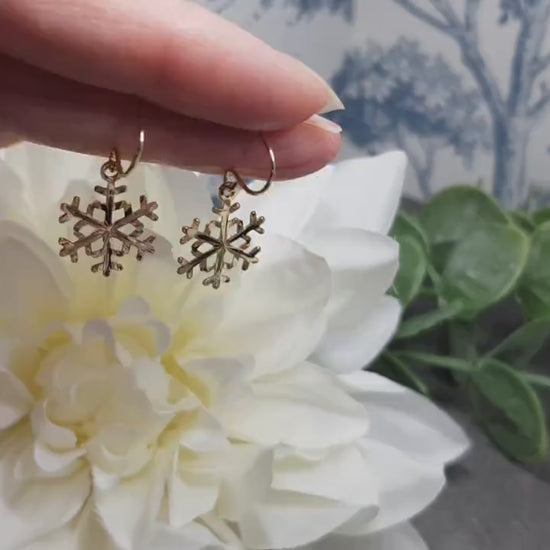 Snowflake Earrings, Hypoallergenic Ear Wires, Gold Snowflake Earrings, Christmas Earrings, Brass Earrings, Festive Earrings