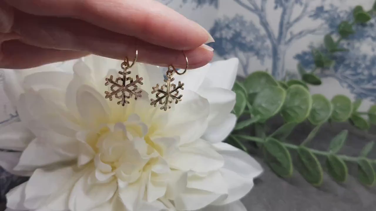 Snowflake Earrings, Hypoallergenic Ear Wires, Gold Snowflake Earrings, Christmas Earrings, Brass Earrings, Festive Earrings