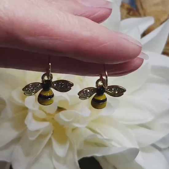 Crystal Rhinestone Bee Earrings, Hypoallergenic Ear Wires, Bumble Bee Earrings, Gold Plated Earrings, Bee Lovers Earrings, Nature Earrings