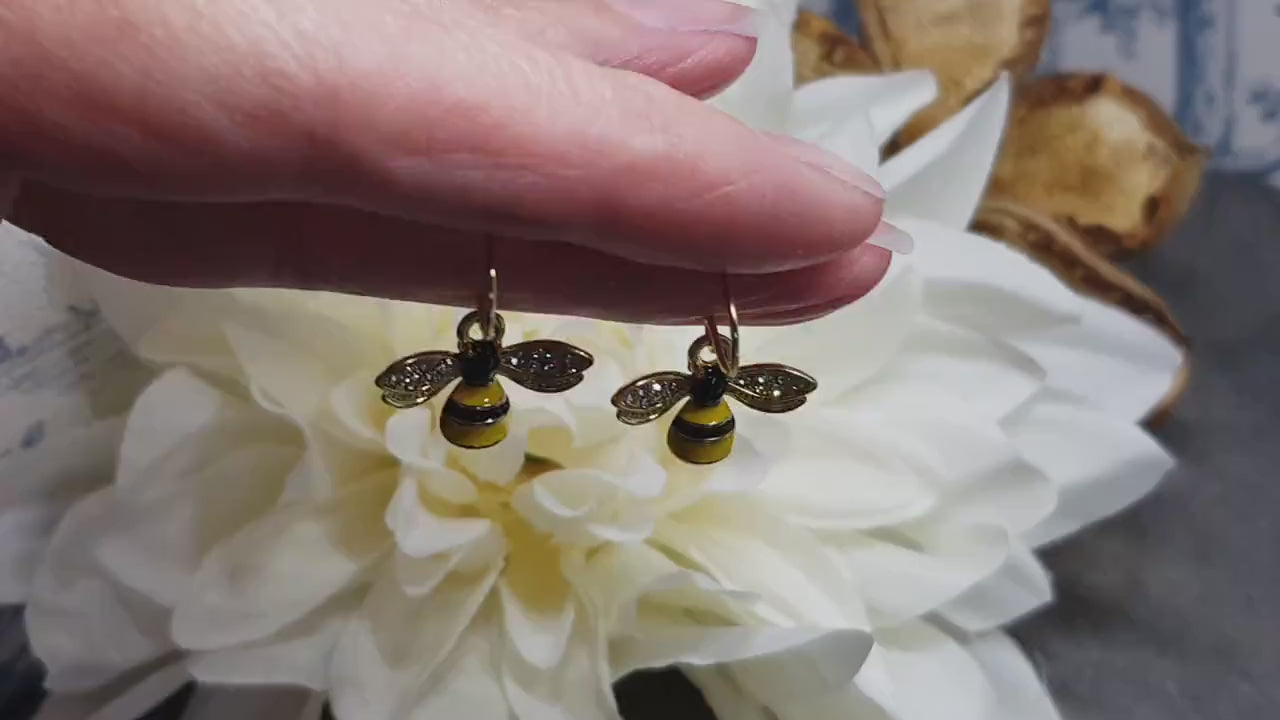Crystal Rhinestone Bee Earrings, Hypoallergenic Ear Wires, Bumble Bee Earrings, Gold Plated Earrings, Bee Lovers Earrings, Nature Earrings