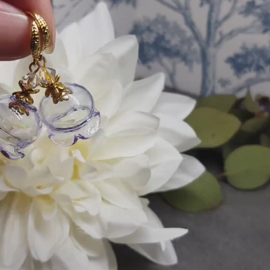 Glass Flower Earrings, Hypoallergenic Brass Ear Wires, Lavender Earrings, Clear PRIMERO Crystals®