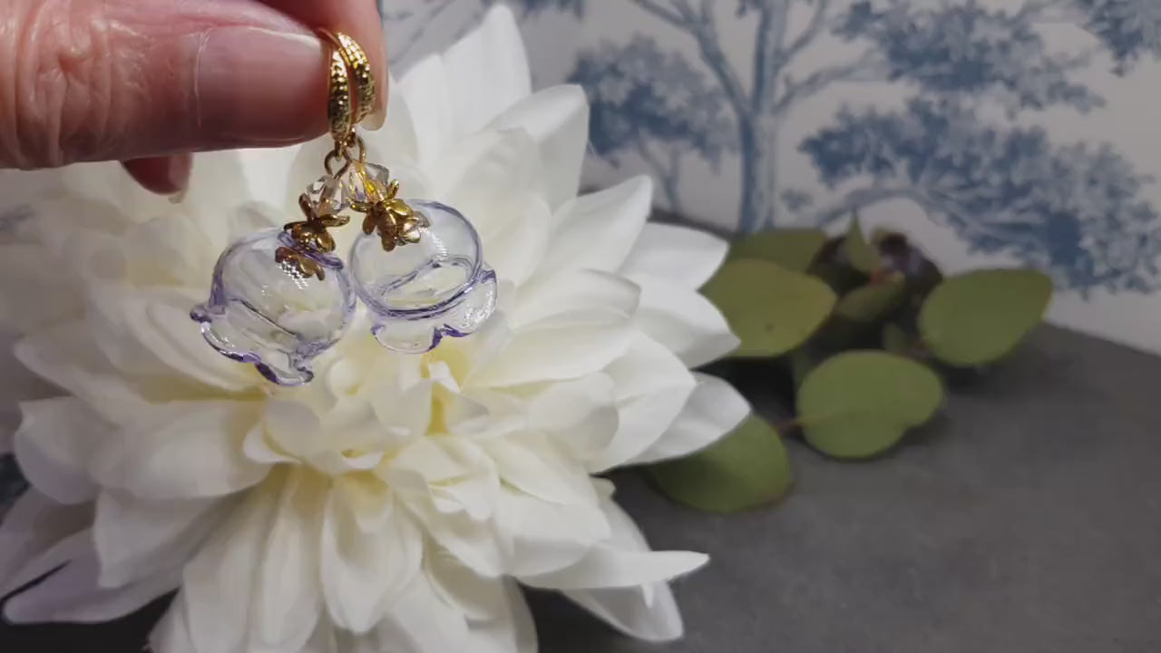 Glass Flower Earrings, Hypoallergenic Brass Ear Wires, Lavender Earrings, Clear PRIMERO Crystals®