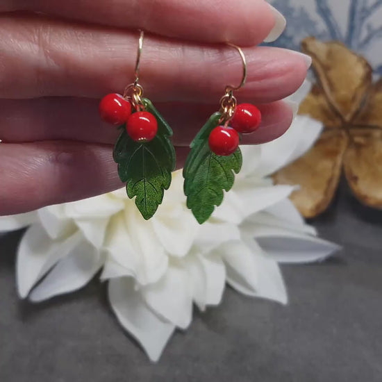 Glass Holly Earrings, Berry Earrings, Choice of Ear Wires, Glass Jewelry, Winter Earrings, Christmas Jewelry