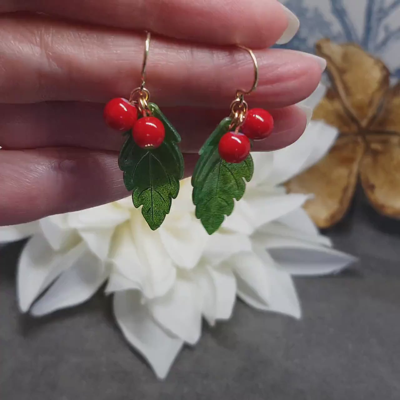 Glass Holly Earrings, Berry Earrings, Choice of Ear Wires, Glass Jewelry, Winter Earrings, Christmas Jewelry