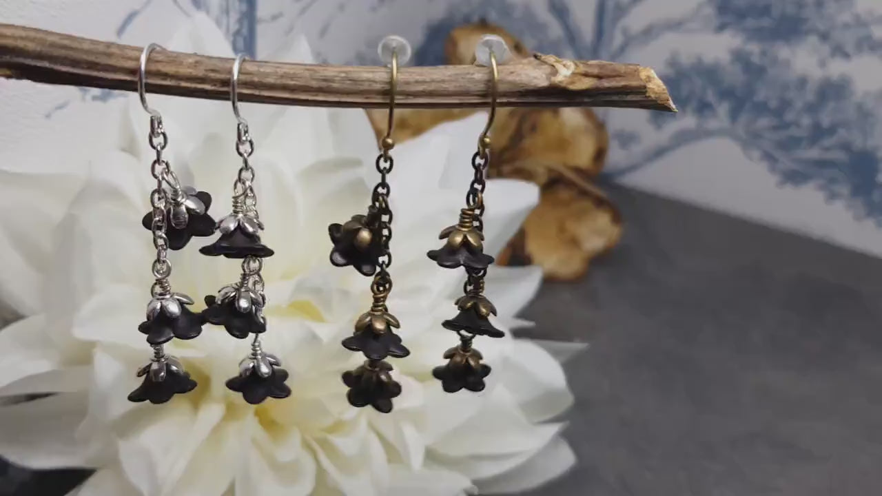 Flower Earrings, Hypoallergenic Ear Wires, Black Earrings, Boho Jewelry, Simple Vintage Earrings