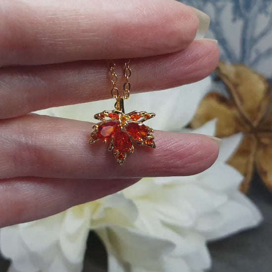 Maple Leaf Necklace with a Choice of Ear Wires: Burnt Orange Brass Micro Pave Cubic Zirconia, Real 18K Gold Plated
