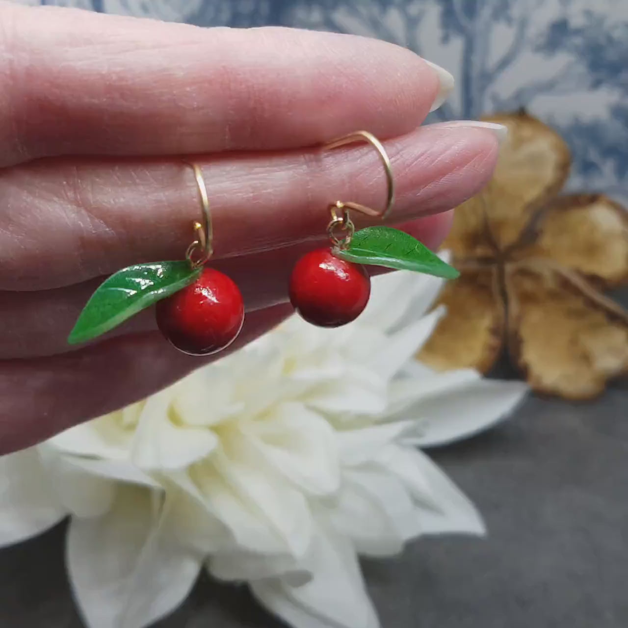 Glass Cherry Earrings, Berry Earrings, Hypoallergenic Ear Wires, Glass Jewelry, Fruit Earrings