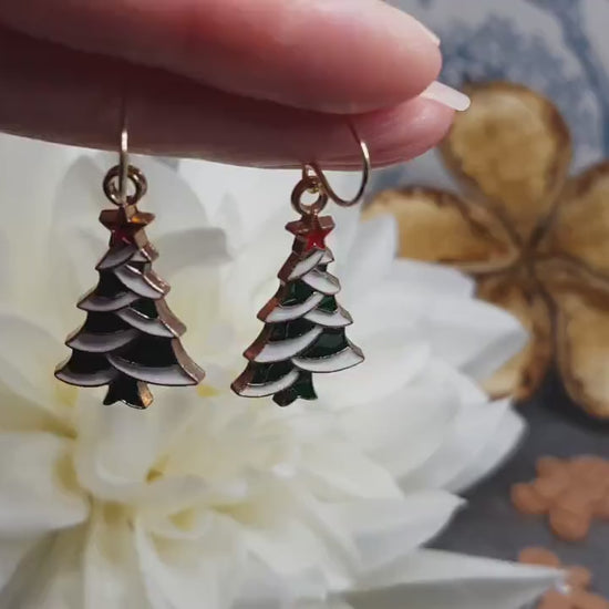 Christmas Tree Earrings, Choice of Ear Wires, Gold Christmas Earrings, Festive Earrings, Green, Red, White Enamelling, Christmas Tree
