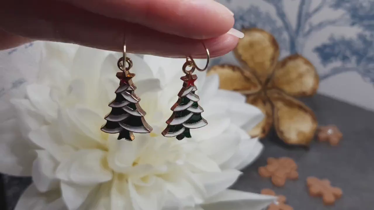 Christmas Tree Earrings, Choice of Ear Wires, Gold Christmas Earrings, Festive Earrings, Green, Red, White Enamelling, Christmas Tree