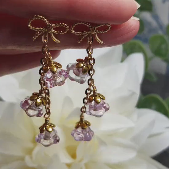 Flower Earrings, Brass Bow Studs, Glass Flowers, Pale Pink, Gold Plated, Individually Hand Wire Wrapped, Pretty Earrings