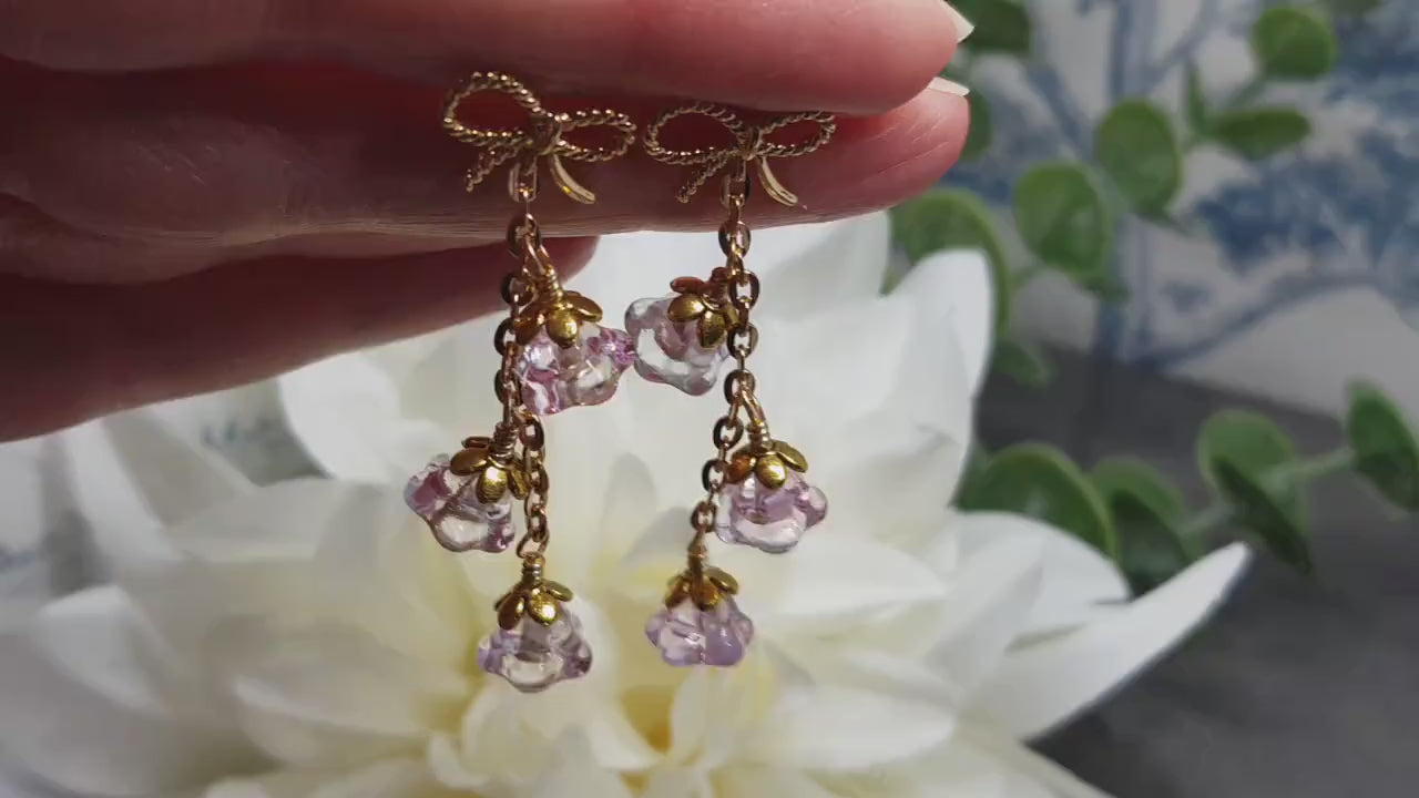 Flower Earrings, Brass Bow Studs, Glass Flowers, Pale Pink, Gold Plated, Individually Hand Wire Wrapped, Pretty Earrings