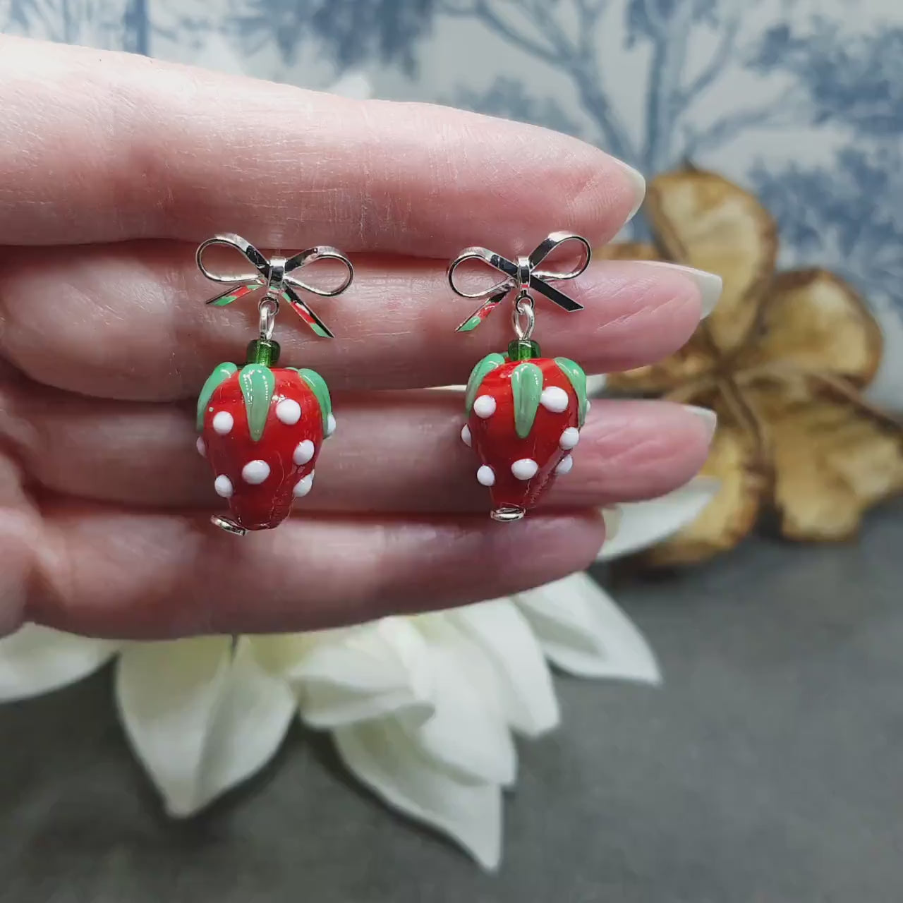 Glass Strawberry Earrings, Brass Stud Earrings, Nickel Free, Super Cute Earrings, Fruit Jewellery