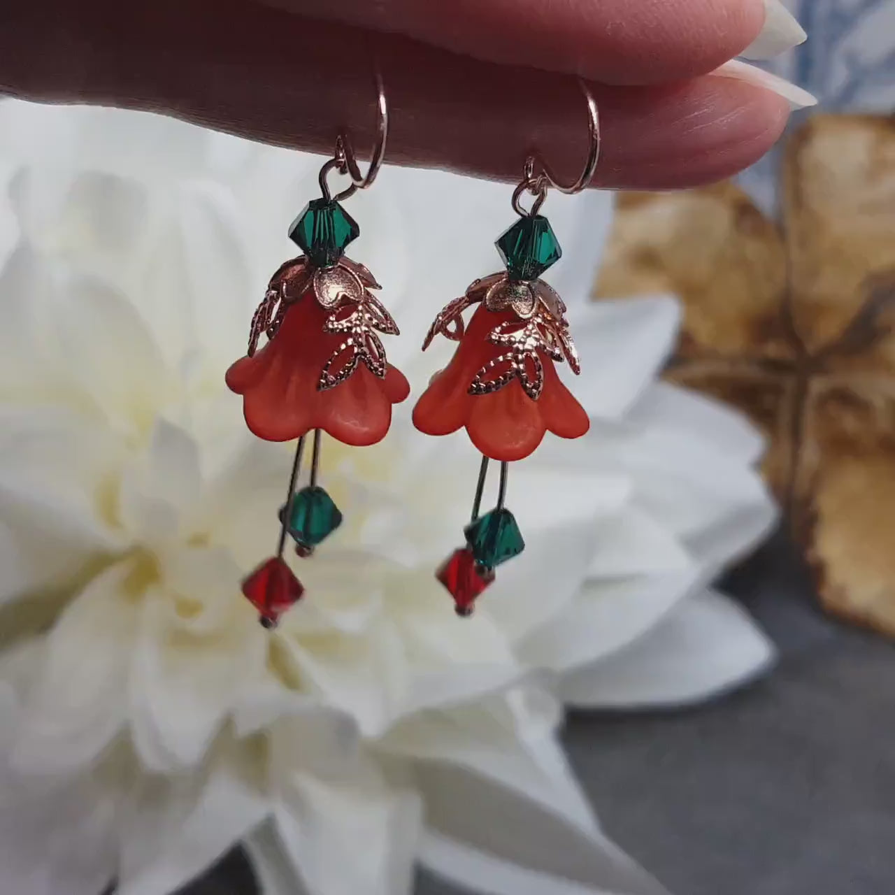 Red Flower Earrings, Hypoallergenic ear wires, Sterling Silver Ear Wires, Green and Red PRIMERO Crystals®, Christmas Jewellery