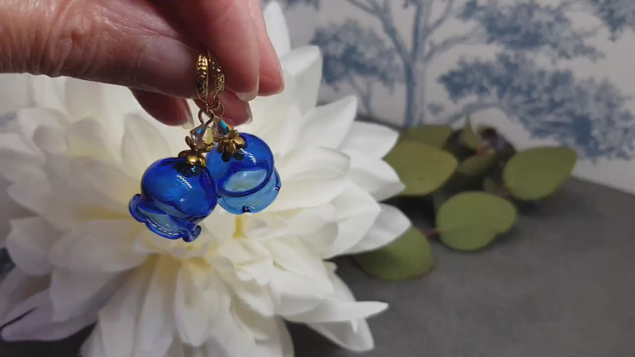 Glass Flower Earrings, Hypoallergenic Brass Ear Wires, Royal Blue Earrings, Clear PRIMERO Crystals®