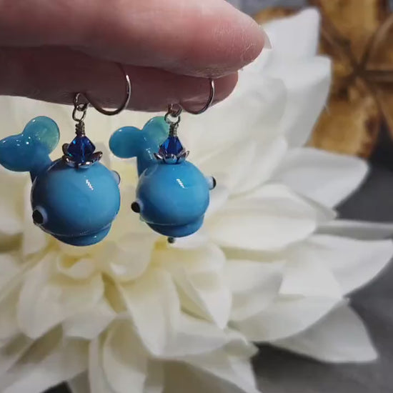 Glass Whale Earrings, Glass Earrings, Turquoise Whale, PRIMERO Crystals® Jewelry, Hypoallergenic Ear Wires