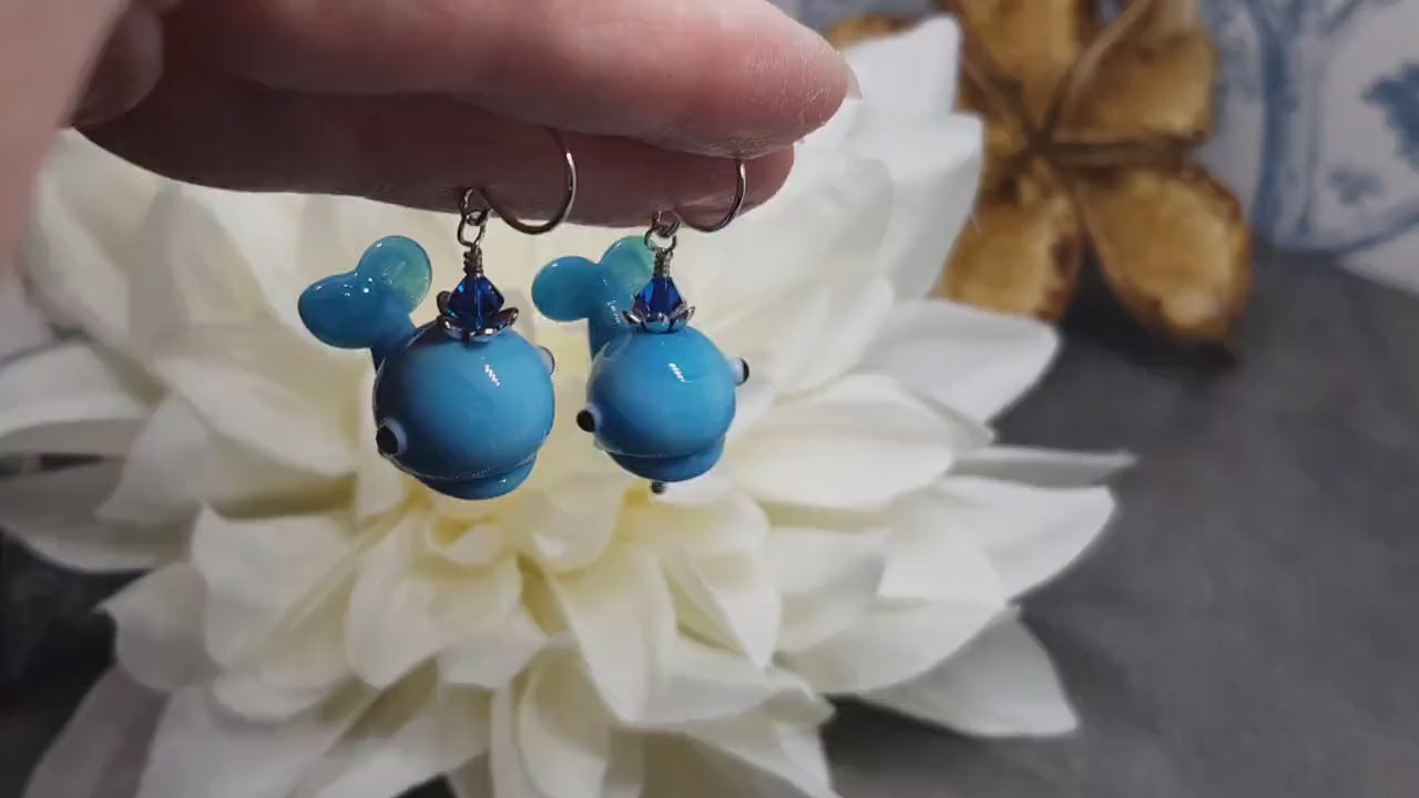 Glass Whale Earrings, Glass Earrings, Turquoise Whale, PRIMERO Crystals® Jewelry, Hypoallergenic Ear Wires
