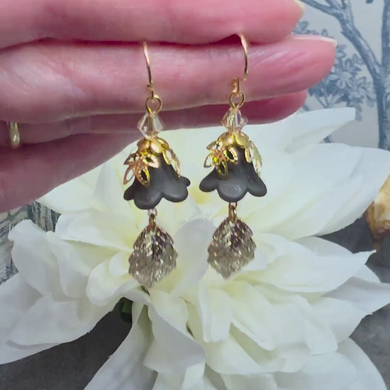 Black Flower Earrings with Gold PRIMERO Crystals® and a Choice of Ear Wires