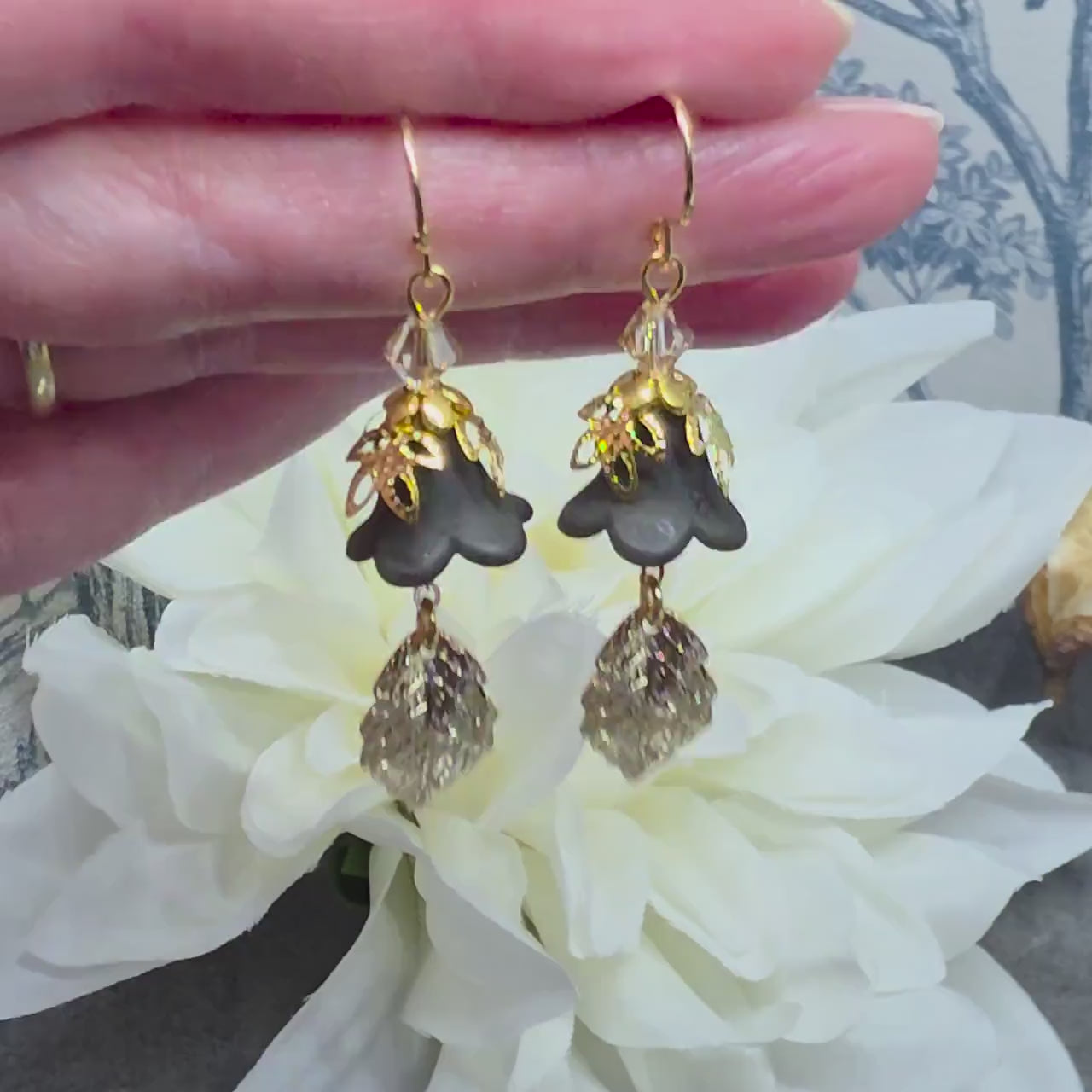 Black Flower Earrings with Gold PRIMERO Crystals® and a Choice of Ear Wires