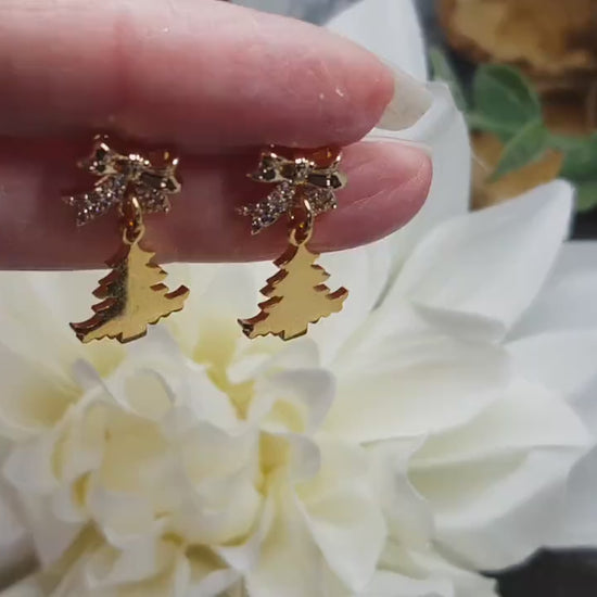 Christmas Tree Earrings, Brass Bow Micro Pave Studs, Christmas Earrings, Festive Earrings, Gold Christmas Tree