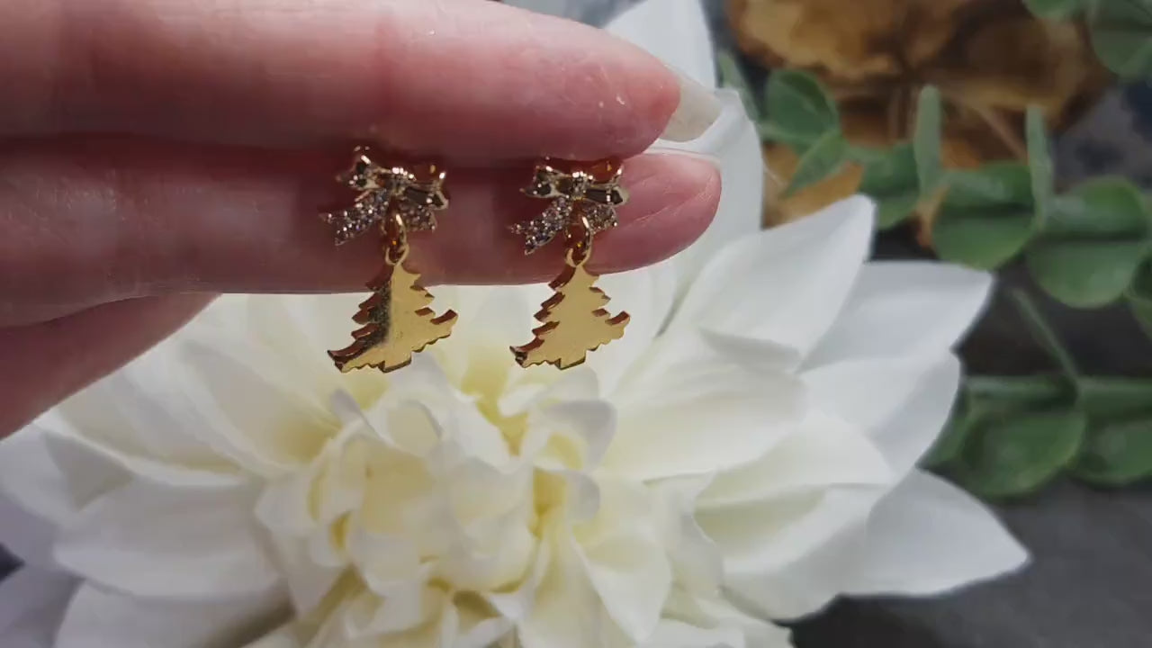 Christmas Tree Earrings, Brass Bow Micro Pave Studs, Christmas Earrings, Festive Earrings, Gold Christmas Tree