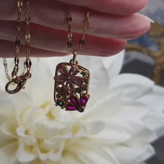 Flower Pendant Necklace, Brass Micro Pave Cubic Zirconia, Gold Necklace, Pink Flowers