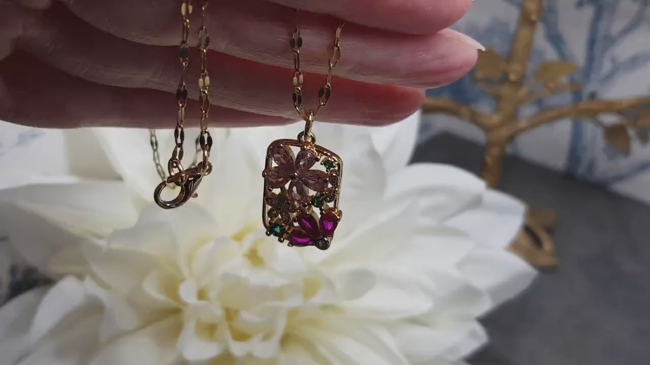 Flower Pendant Necklace, Brass Micro Pave Cubic Zirconia, Gold Necklace, Pink Flowers