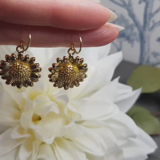 Gold Sunflower Earrings, Brass Sunflower, Flower Earrings, Real 18K Gold Plated, Hypoallergenic Ear Wires or Sterling Silver Ear Wires