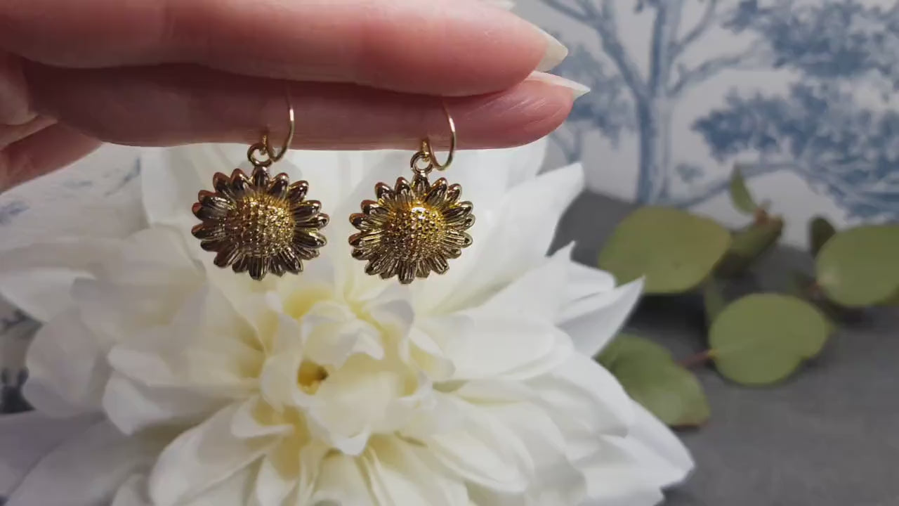 Gold Sunflower Earrings, Brass Sunflower, Flower Earrings, Real 18K Gold Plated, Hypoallergenic Ear Wires or Sterling Silver Ear Wires