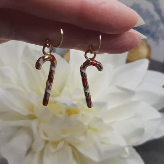 Candy Cane Earrings, Hypoallergenic Ear Wires, Gold Enamelled Earrings, Christmas Earrings, Party Earrings, Festive Earrings