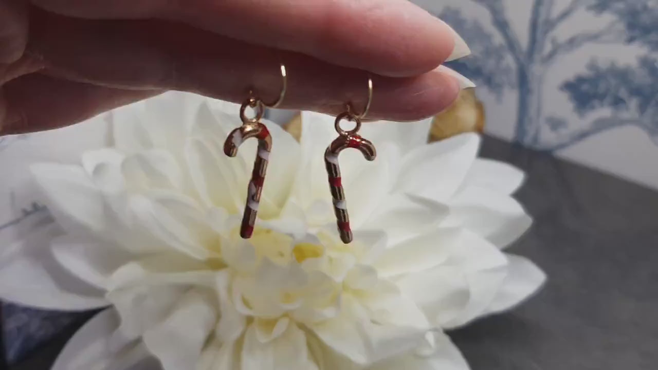 Candy Cane Earrings, Hypoallergenic Ear Wires, Gold Enamelled Earrings, Christmas Earrings, Party Earrings, Festive Earrings
