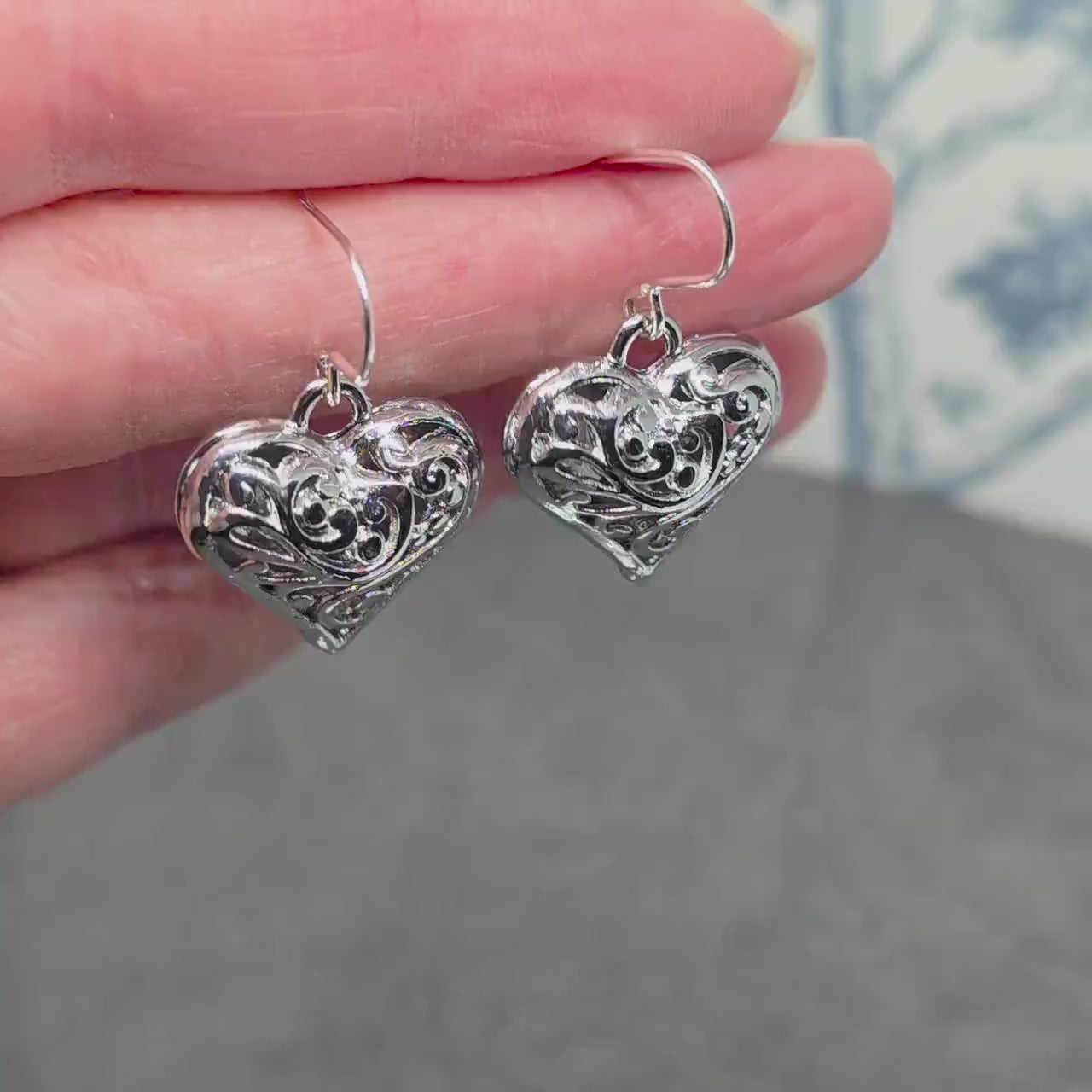 Heart Earrings, Filigree Heart earrings, Silver Heart Jewelry, Silver Pillow Filigree Heart Earrings