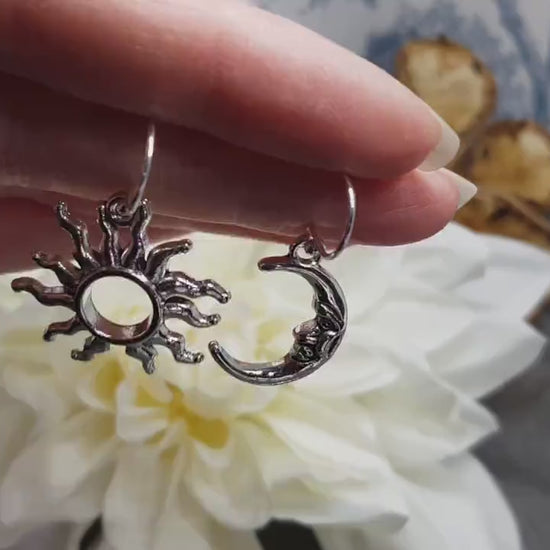 Sun and Moon Earrings, Hypoallergenic Ear Wires, Sterling Silver Ear Wires, Celestial Earrings, Crescent Moon Earrings, Sun Earrings