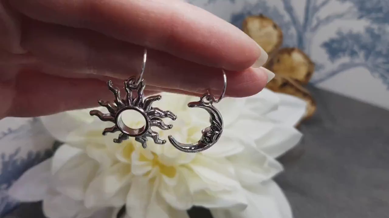 Sun and Moon Earrings, Hypoallergenic Ear Wires, Sterling Silver Ear Wires, Celestial Earrings, Crescent Moon Earrings, Sun Earrings
