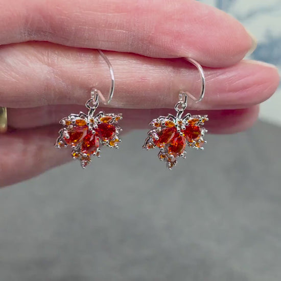 Maple Leaf Earrings with a Choice of Ear Wires: Burnt Orange Brass Micro Pave Cubic Zirconia, Platinum Plated