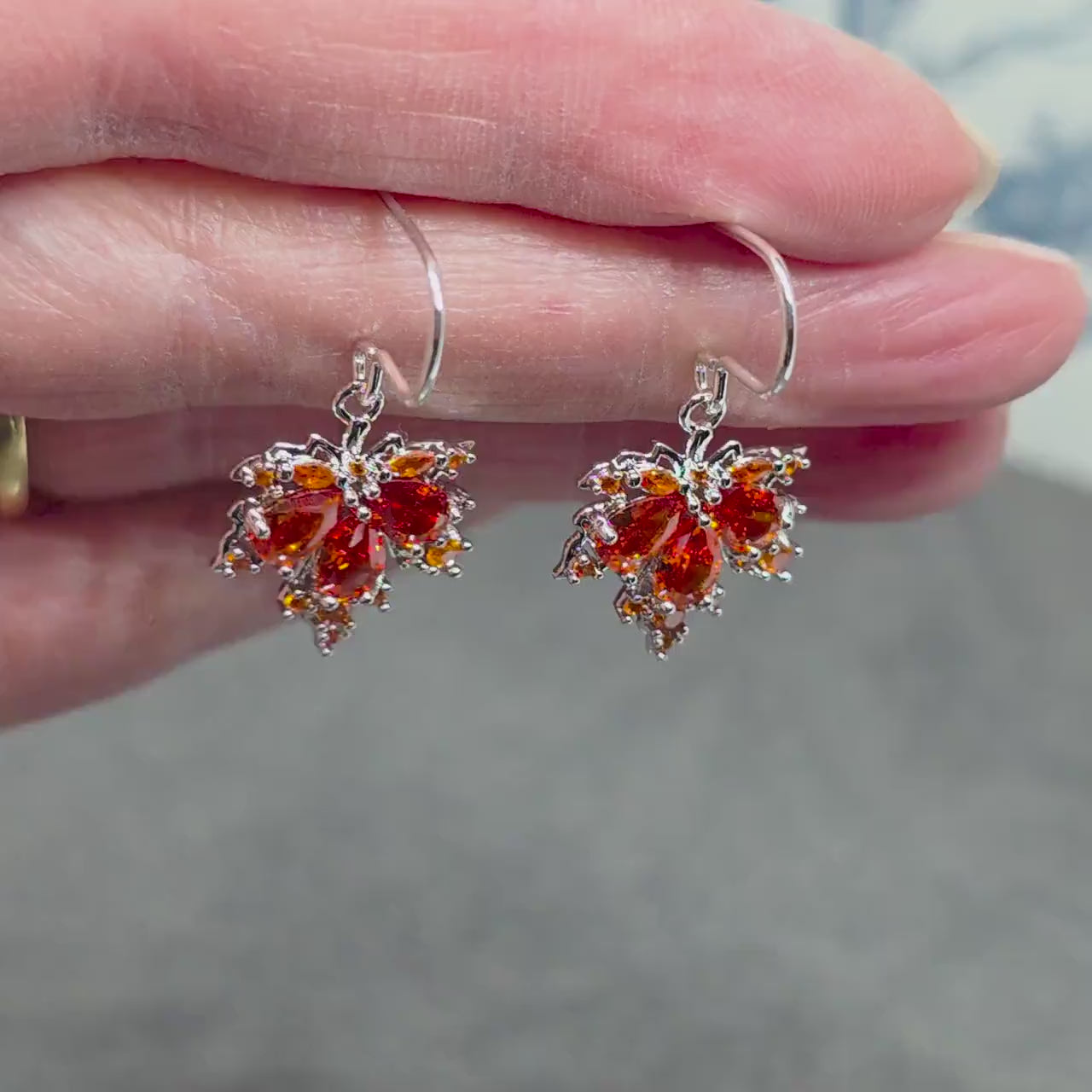 Maple Leaf Earrings with a Choice of Ear Wires: Burnt Orange Brass Micro Pave Cubic Zirconia, Platinum Plated