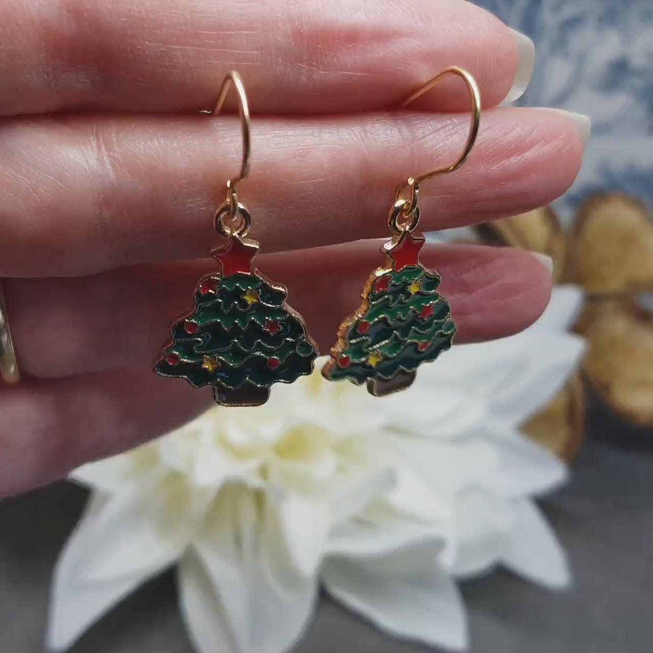 Christmas Tree Earrings, Choice of Ear Wires, Gold Christmas Earrings, Festive Earrings, Green, Red, Yellow Enamelling, Christmas Tree