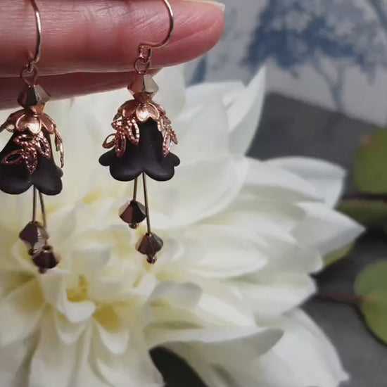 Black Flower Earrings, Hypoallergenic ear wires, Sterling Silver Ear Wires, Black PRIMERO Crystals®, Rose Gold Jewellery